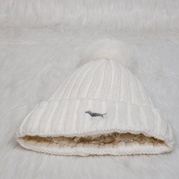 VS PINK COZY BEANIE SHERPA LINED HAT DOG EMBROIDERED POM POM CREAM O/S - Picture 2 of 5